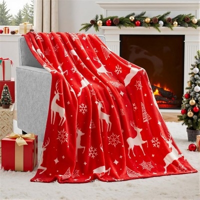 Throw Blanket Holiday Reindeer Print Soft Plush Fleece Sofa Decor