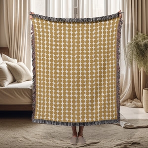 Throw Blanket Honey Yellow Geometric Dot Pattern Fringe Mid Century