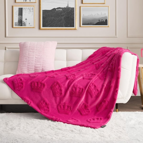 Throw Blanket Hot Pink Plush Microfiber Crown Motif Vibrant