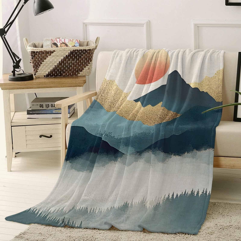 Throw Blanket Illustrated Sun and Mountain Print Fuzzy Lining Plush