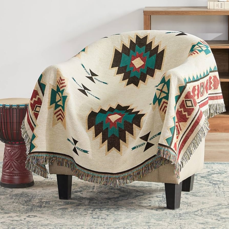 Throw Blanket in Beige with Southwest Pattern and Tassel Fringe
