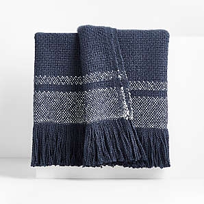 Throw Blanket, Indigo Blue Stripes, Woven Cotton Coastal Style