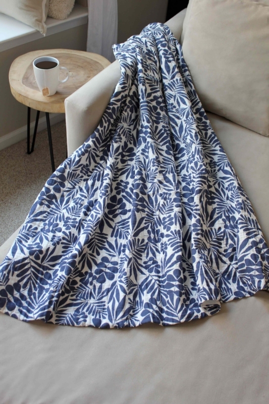 Throw Blanket Indigo Crinkled Texture Muslin Cotton Boho Style