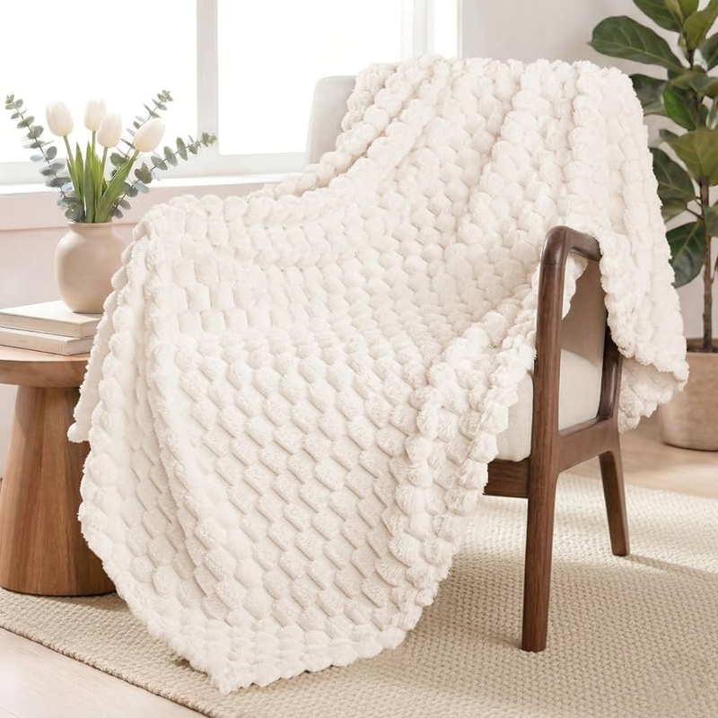 Throw Blanket Ivory Fleece Embossed Botanical Leaf Pattern