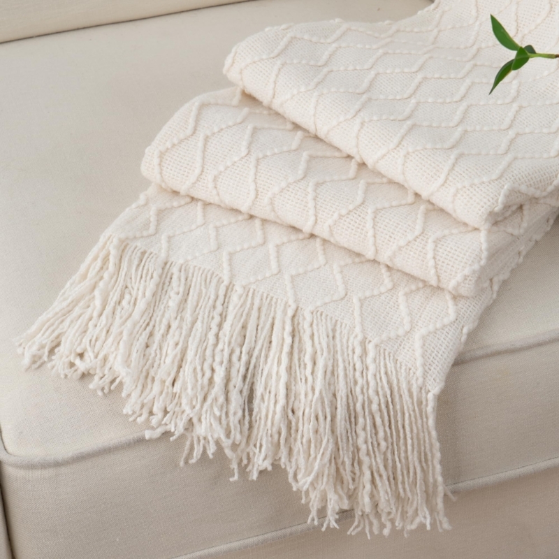Throw Blanket Ivory Honeycomb Knit Tassel Fringe Chunky Weave Boho Styling