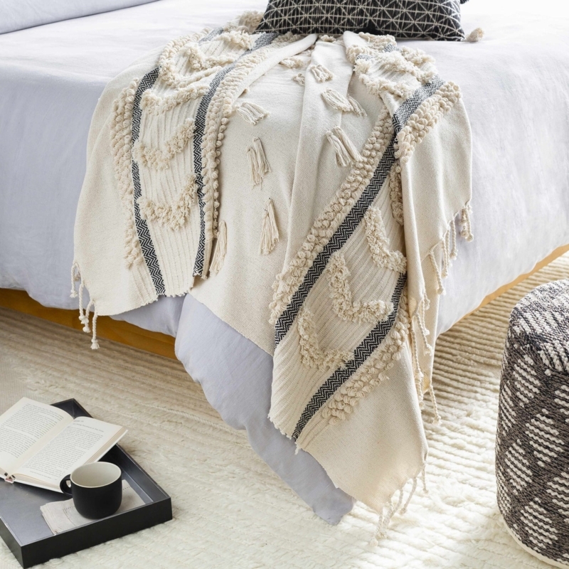 Throw Blanket Ivory Waffle Weave Cotton with Corner Tassels