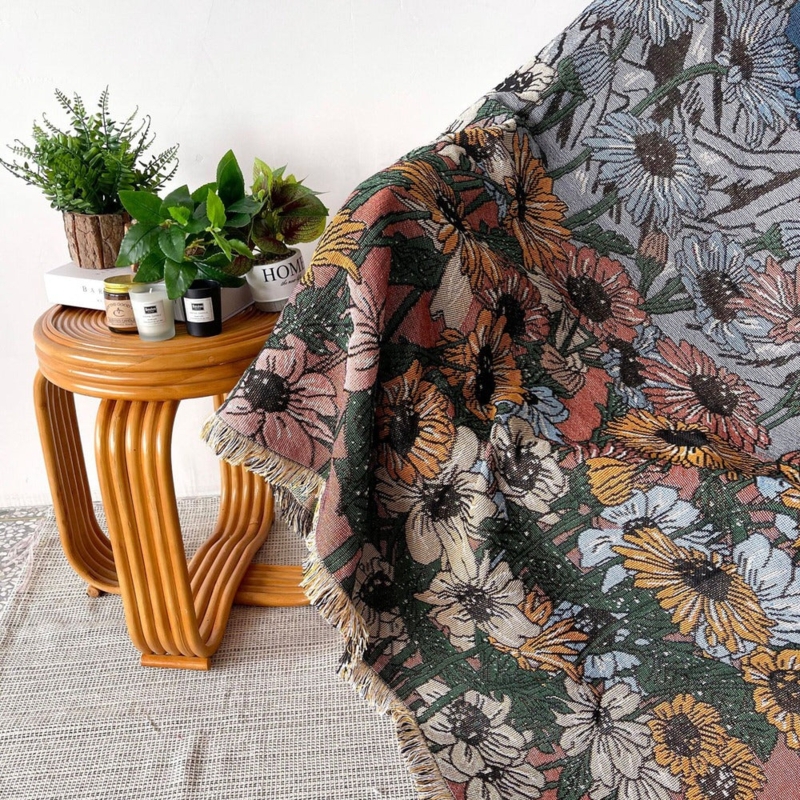 Throw Blanket Jacquard Landscape Weave Moon Phase Pattern Fringed