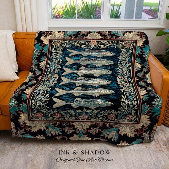 Throw Blanket, Jacquard Woven Sardine Folk Art Print, Boho Coastal