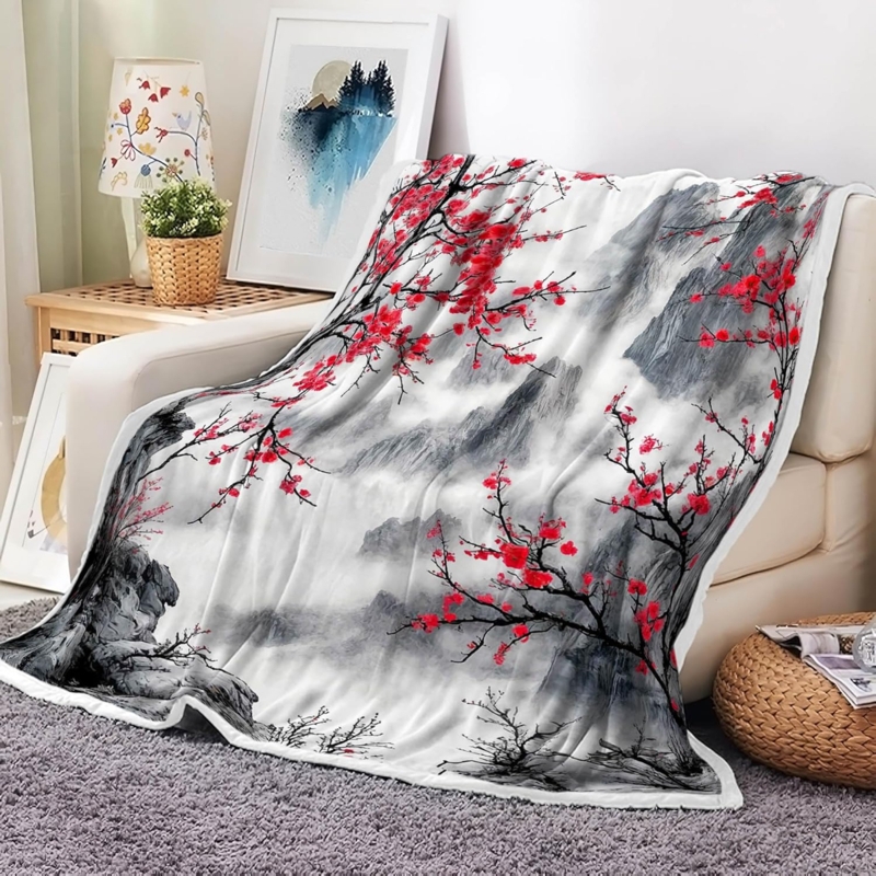 Throw Blanket Japanese Cherry Blossom Print Mount Fuji Pagoda
