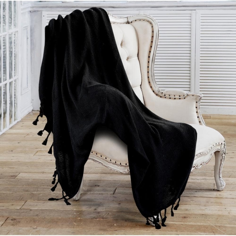 Throw Blanket Jet Black Checkered Weave Fringe Trim Woven Cotton