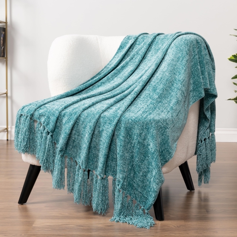 Throw Blanket, Jewel Tone Chenille with Fringed Tassels, Comfortable Chair
