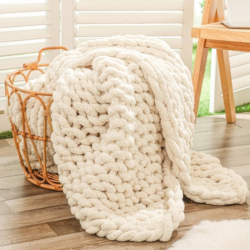 Throw Blanket Jumbo Yarn Rope Knot Weave Beige Oversized Chenille