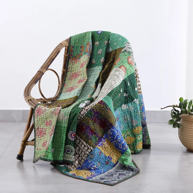 Throw Blanket Kantha Stitching Corner Tassels Sage Green Bohemian