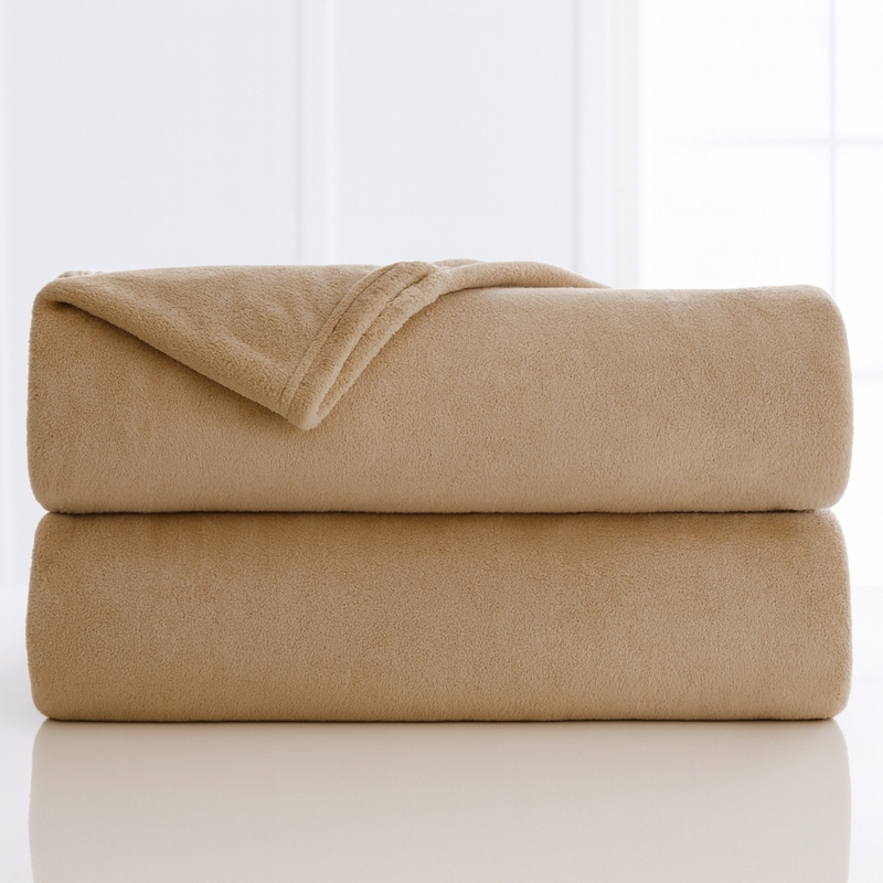Throw Blanket Khaki Plush Microfiber Stitched Border Earthy Bedroom Decor