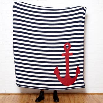 Throw Blanket, Knit Anchor Motif Navy Stripes, Maritime Accent