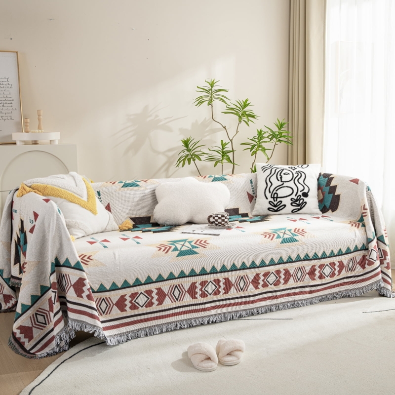 Throw Blanket Knitted Geometric Tasseled Fringe Beige Cream