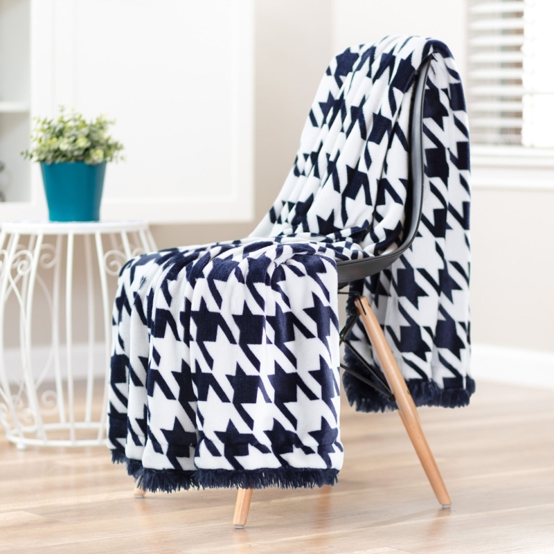 Throw Blanket Knitted Navy Blue Cream Tassels Traditional Bedding