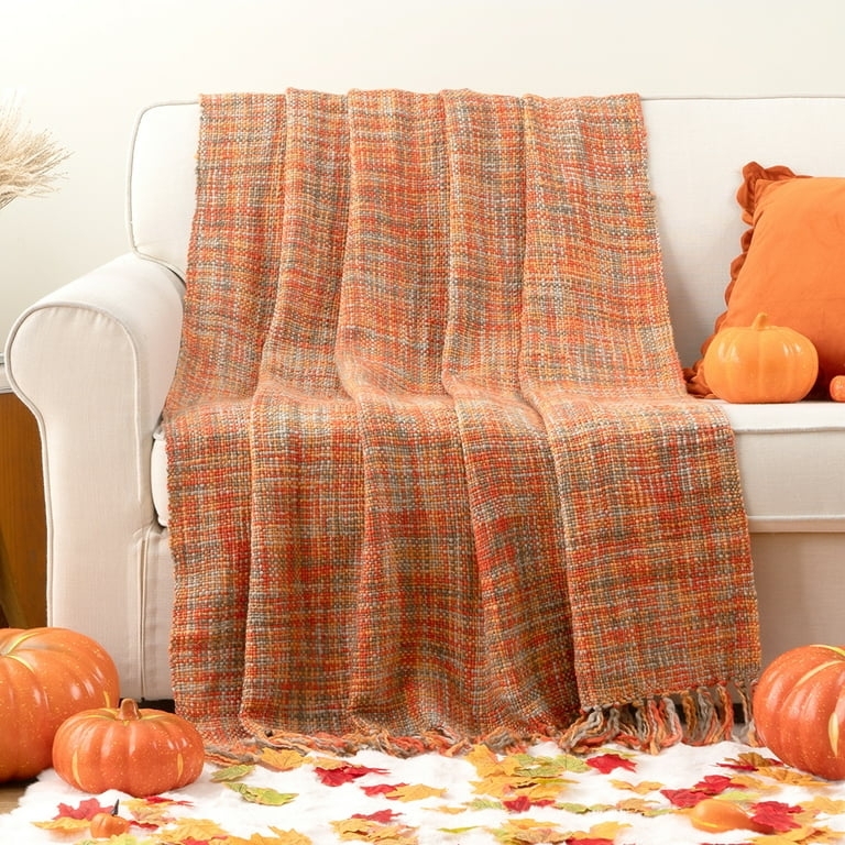 Throw Blanket Knitted Waffle Texture Tassel Accents Rust Boho Style