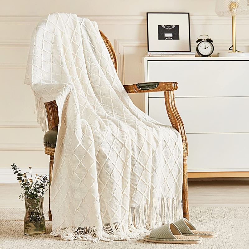 Throw Blanket Knitted with Diamond Pattern & Tassels, Farmhouse Style