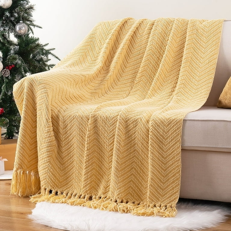 Throw Blanket, Knotted Tassels, Chunky Knit, Mustard Yellow