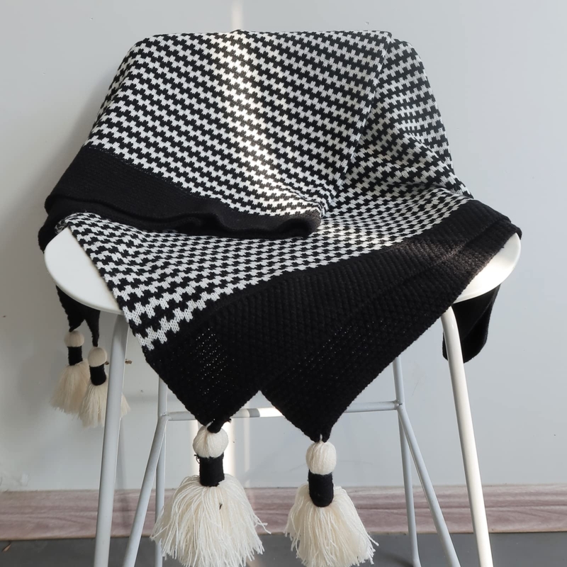 Throw Blanket Knotted Tassels Monochrome Stripes, Modern Boho Blanket