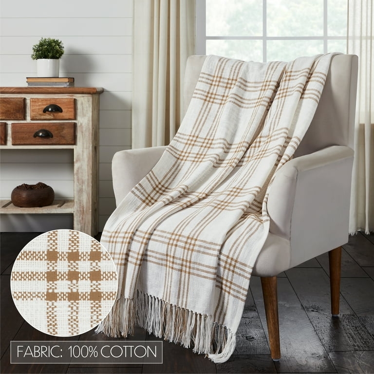 Throw Blanket, Large Plaid Wheat Color. Woven Fabric, Hand-Knotted Fringe.