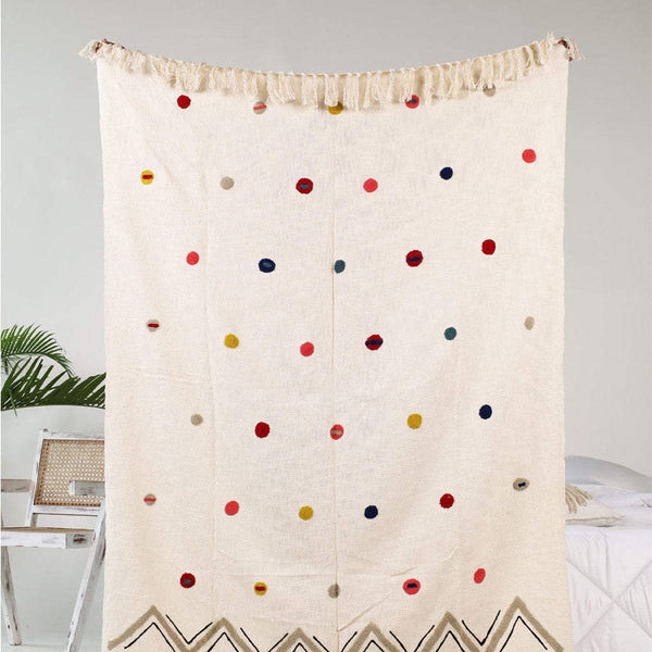 Throw Blanket Large Polka Dots Tasseled Fringe Black Cream