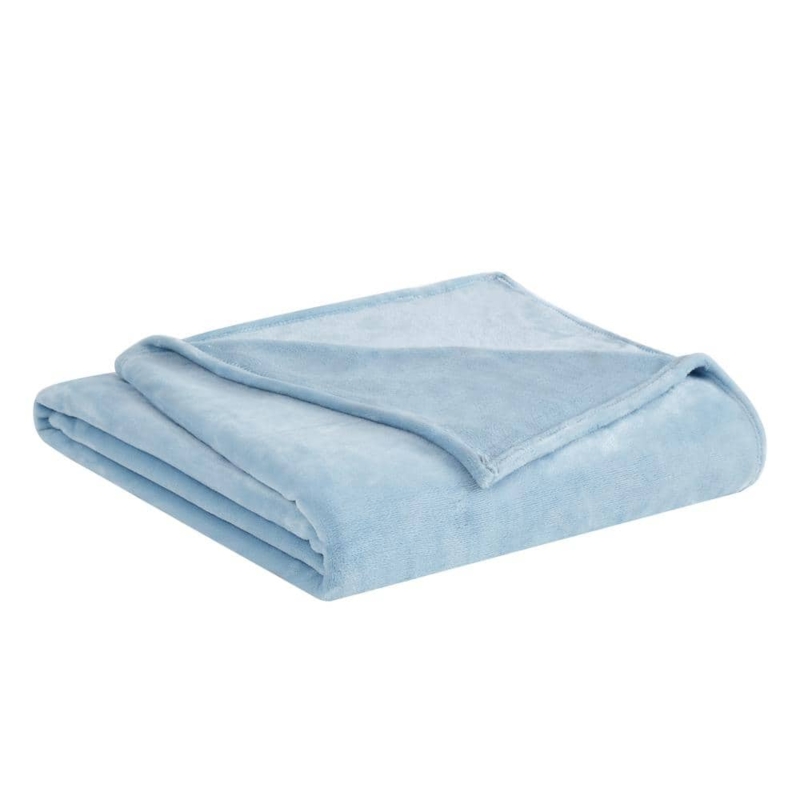 Throw Blanket, Light Blue Plush Velvet with Stitched Border