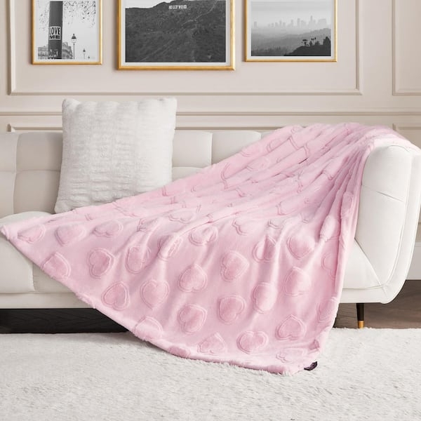 Throw Blanket Light Pink 3D Faux Fur Embossed Heart Pattern