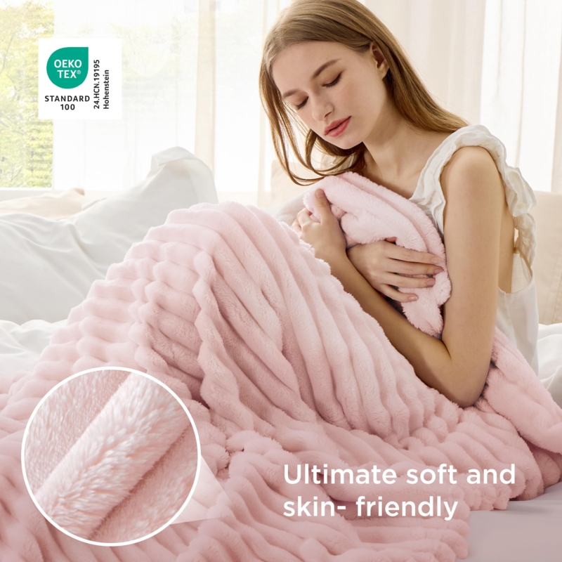 Throw Blanket, Light Pink Wavy Ribbed Fleece for Feminine Decor