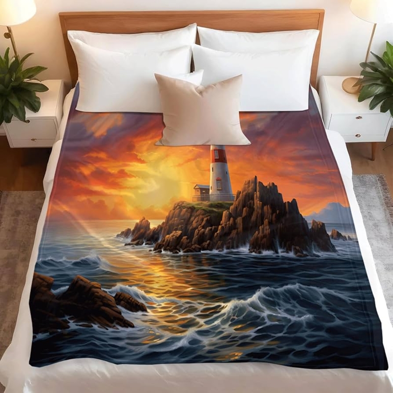 Throw Blanket, Lighthouse Sunset Landscape Print Fleece, Coastal