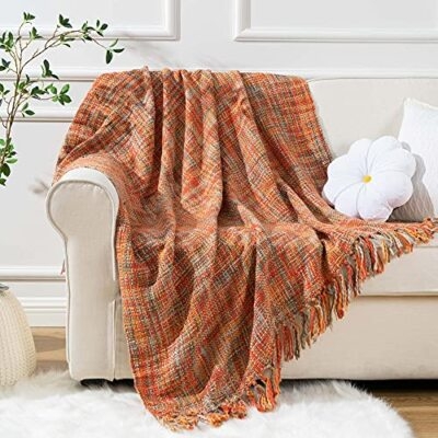 Throw Blanket Lightweight Waffle Weave Knotted Edges Rustic Farmhouse