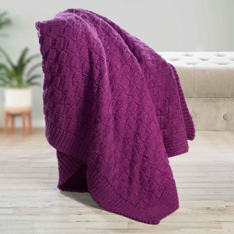 Throw Blanket, Lilac Aran Cable Knit, Traditional Wool-Like Texture