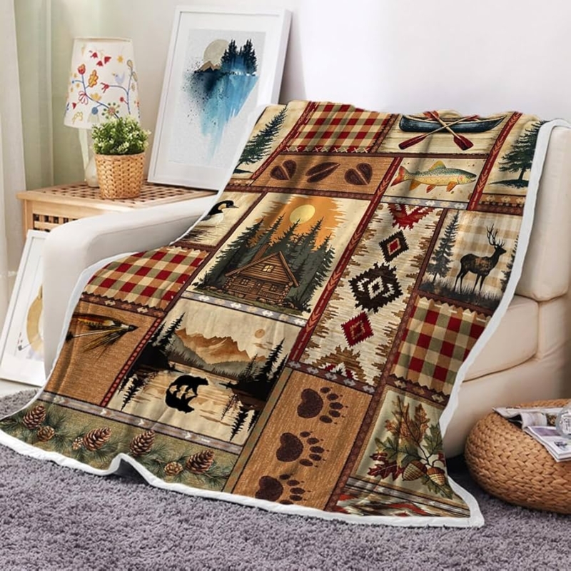 Throw Blanket Lodge Style Wildlife Motifs Whipstitched Edges Brown