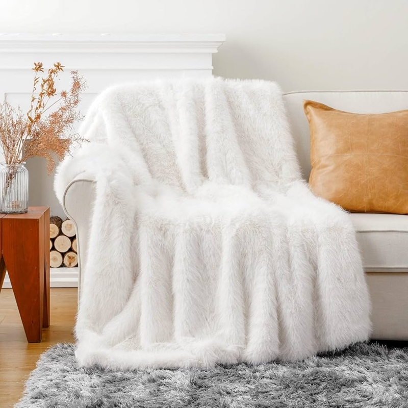 Throw Blanket Long Pile Ivory Faux Fur Shaggy Glam
