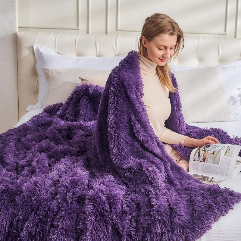 Throw Blanket, Long Shaggy Pile Faux Fur, Deep Purple, Glam Decor