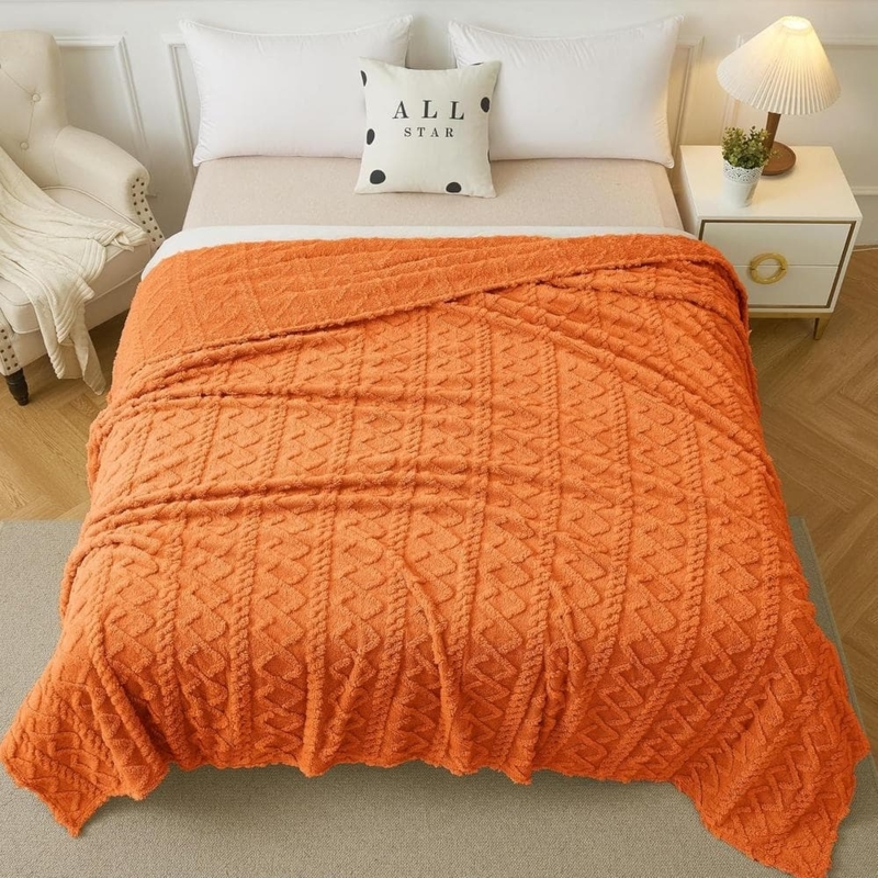 Throw Blanket Lozenge Geometric Texture Fringe Edge Burnt Orange Boho