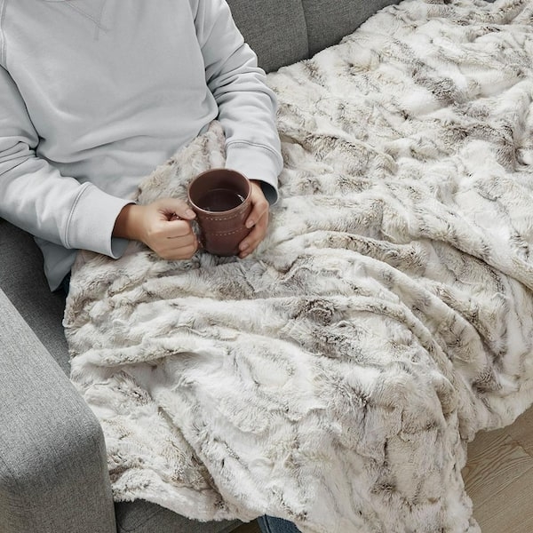 Throw Blanket Marble Print Faux Fur Oversized Cream Contemporary