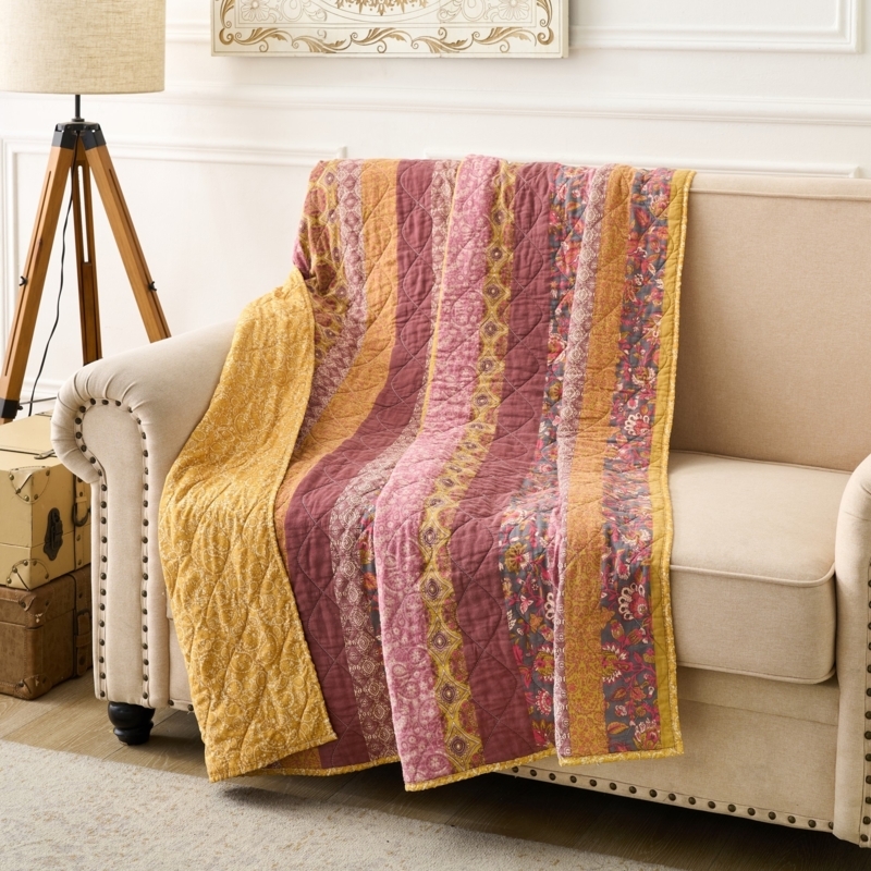 Throw Blanket Marigold Paisley Vermicelli Stitching Vintage Boho Decor
