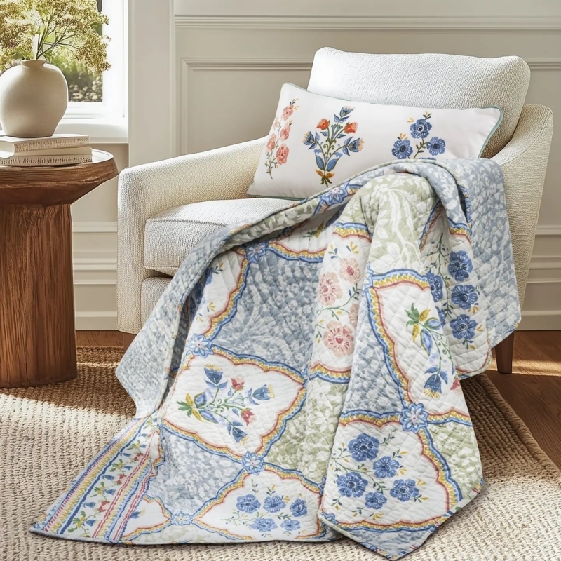 Throw Blanket Maritime Icon Print Quilted Diamond Stitching Navy Coastal