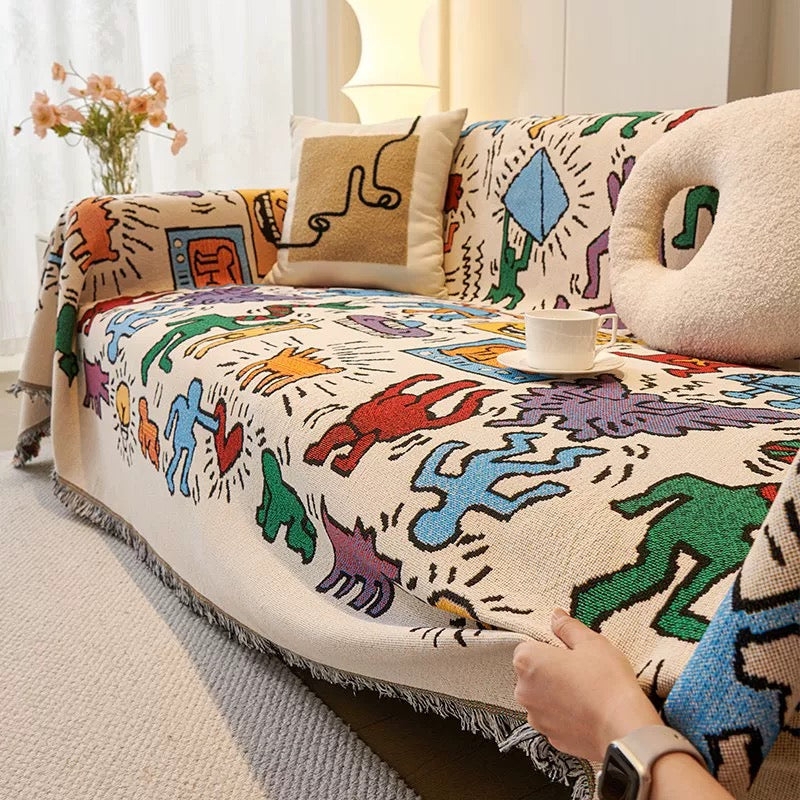 Throw Blanket Maximalist Abstract Checkered Fringe