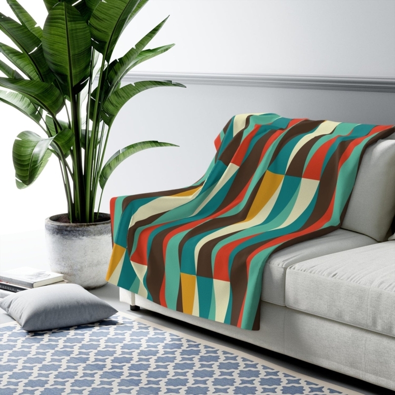Throw Blanket, MCM Geometric Teal Mustard. Sherpa Lining, Retro and Cozy.