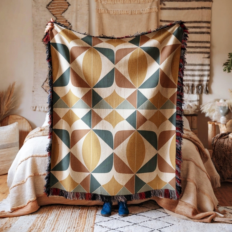 Throw Blanket Mid Century Modern Geometric Mustard Teal Woven