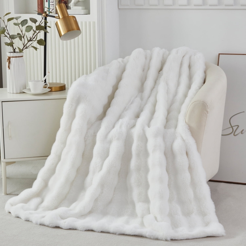 Throw Blanket Milk White 3D Bubble Texture Plush Pile Faux Fur Accent