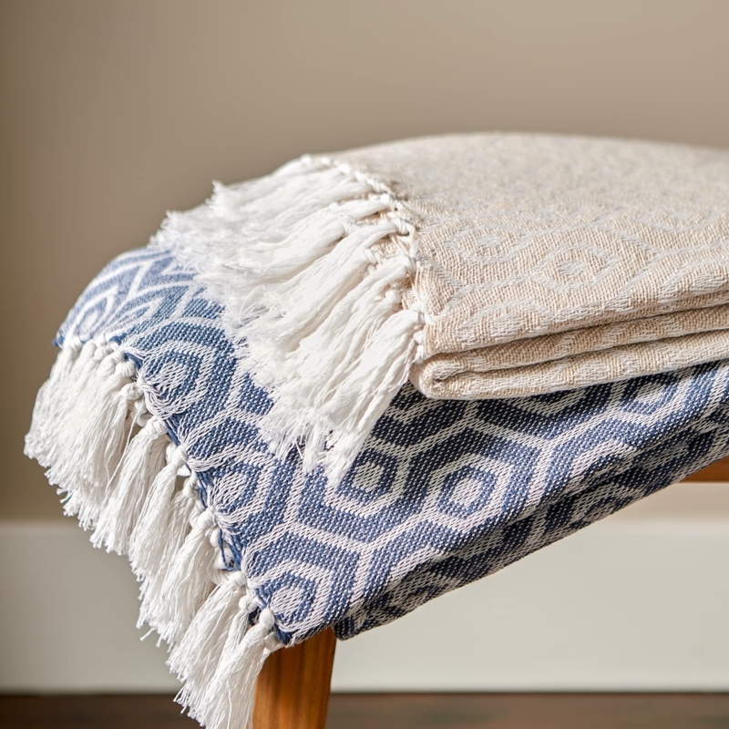Throw Blanket Minimalist Grid Chunky Fringe Off-White Cotton
