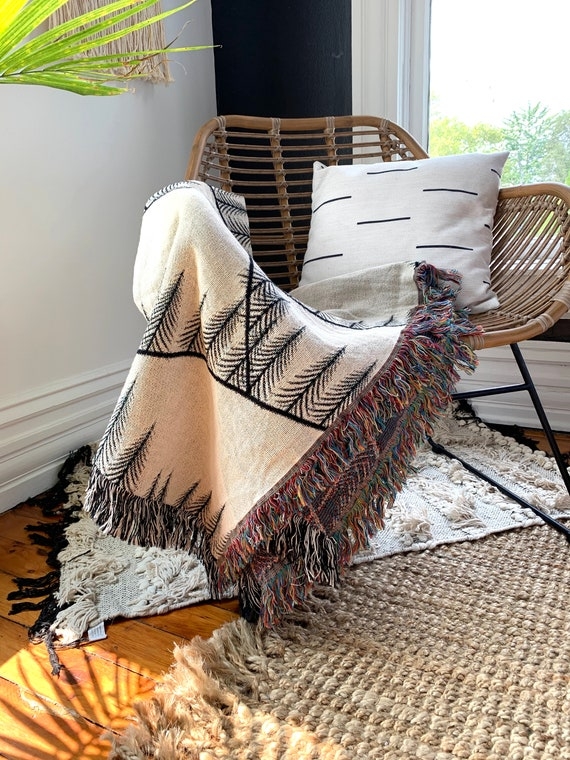 Throw Blanket Minimalist Tree Motif Heavy Fringe Scandi Christmas Decor