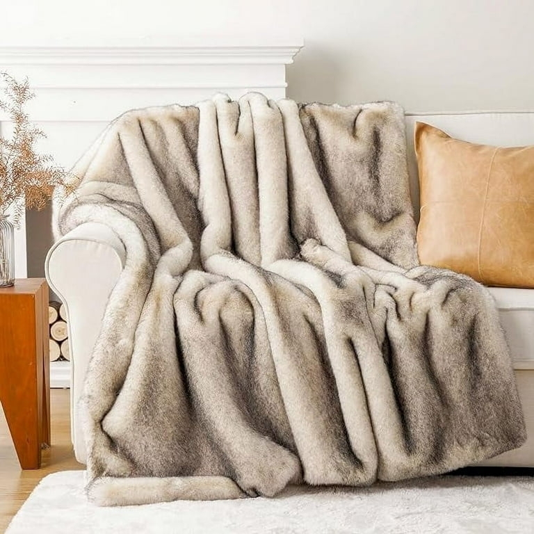 Throw Blanket Mink Faux Fur Striped Pattern Cream Grey Plush