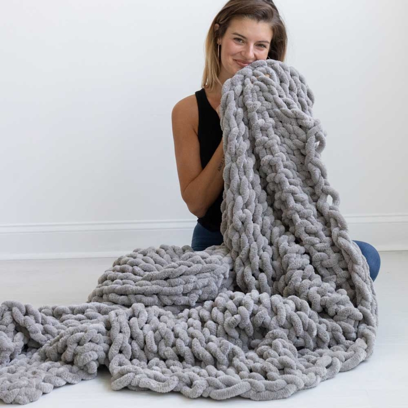Throw Blanket Mist Grey Oversized Loops Fringeless Edge