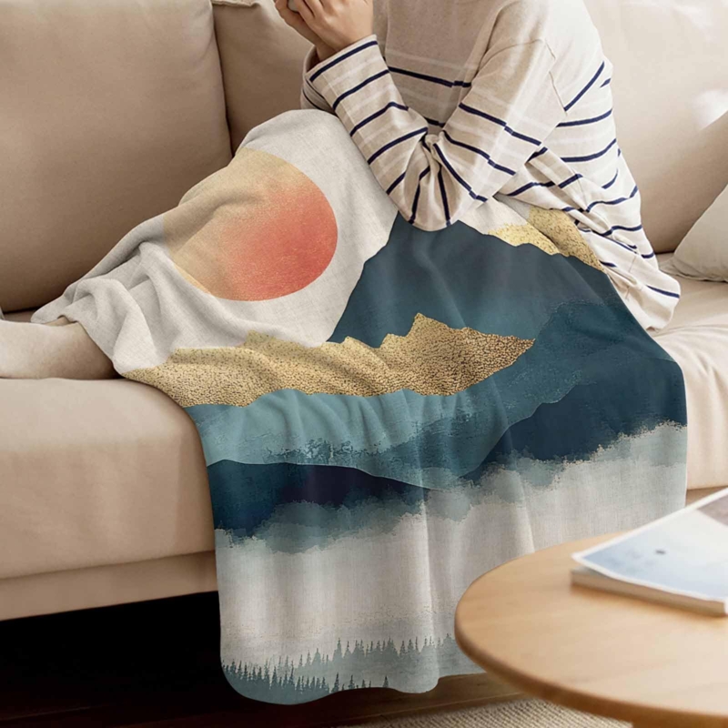 Throw Blanket Misty Mountain Forest Print with Sun Rays Flannel