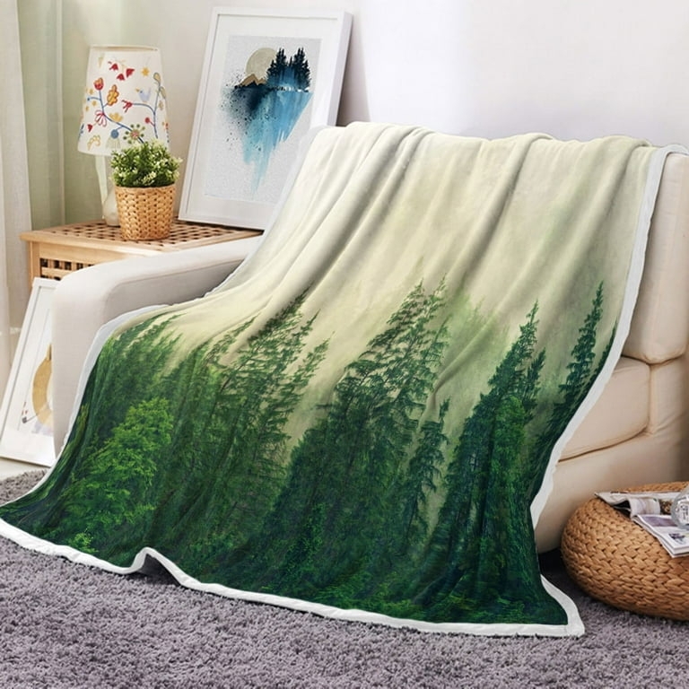 Throw Blanket Misty Pine Forest Print Plush Flannel Rustic Green